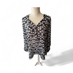 A.N.A. Navy and White Geometric Print Long Sleeve Blouse XL
